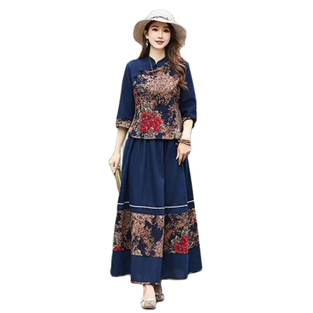 

Republic Of China Retro Tang Suit Cotton And Linen Printing Suit Female Large Size Improved Cheongsam Chinese Style Hanfu Dress