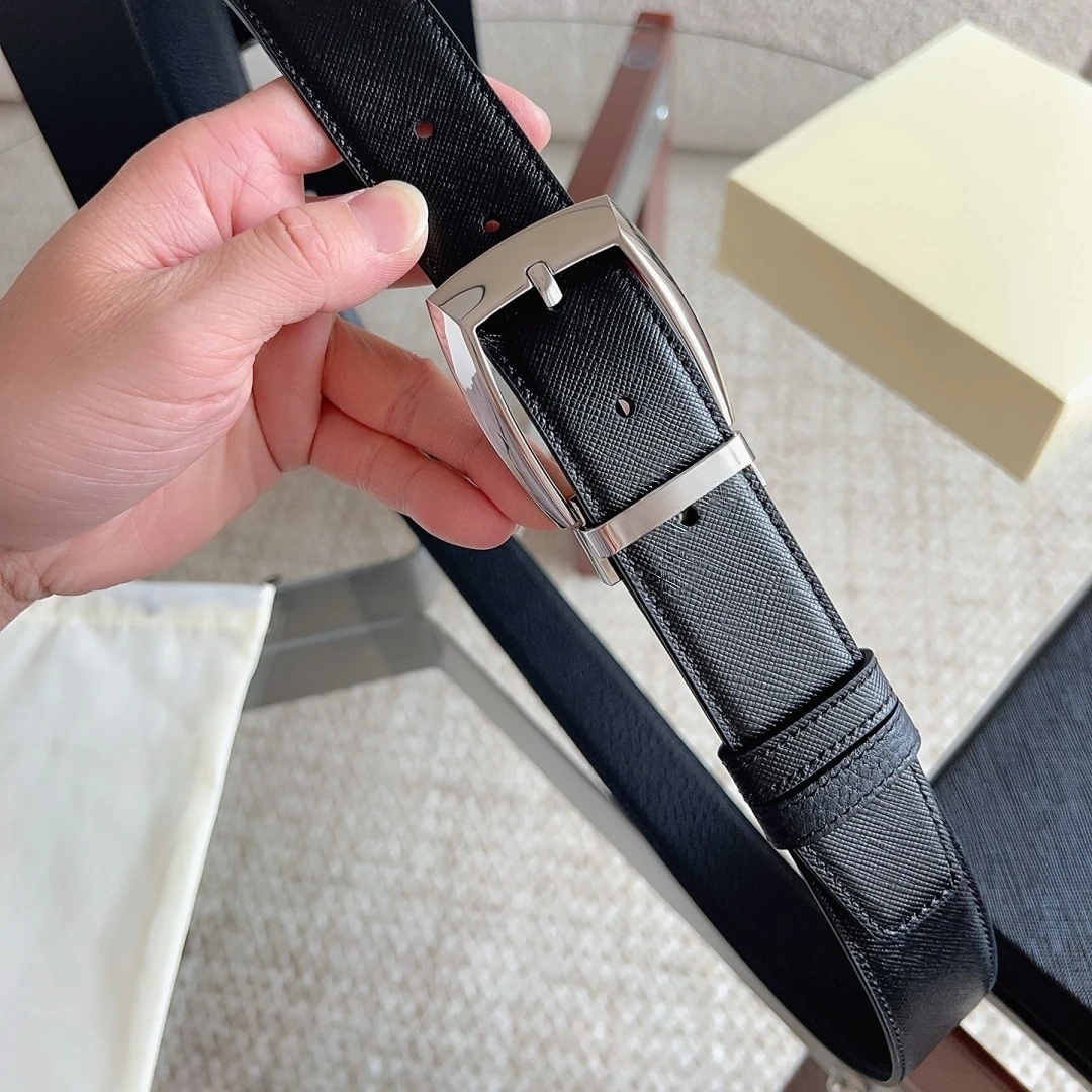Casual Business Formal Waist Strap Luxury Men's Genuine Leather Belt Reversible Rotatable Square Pin Buckle Pebble Cross Grain