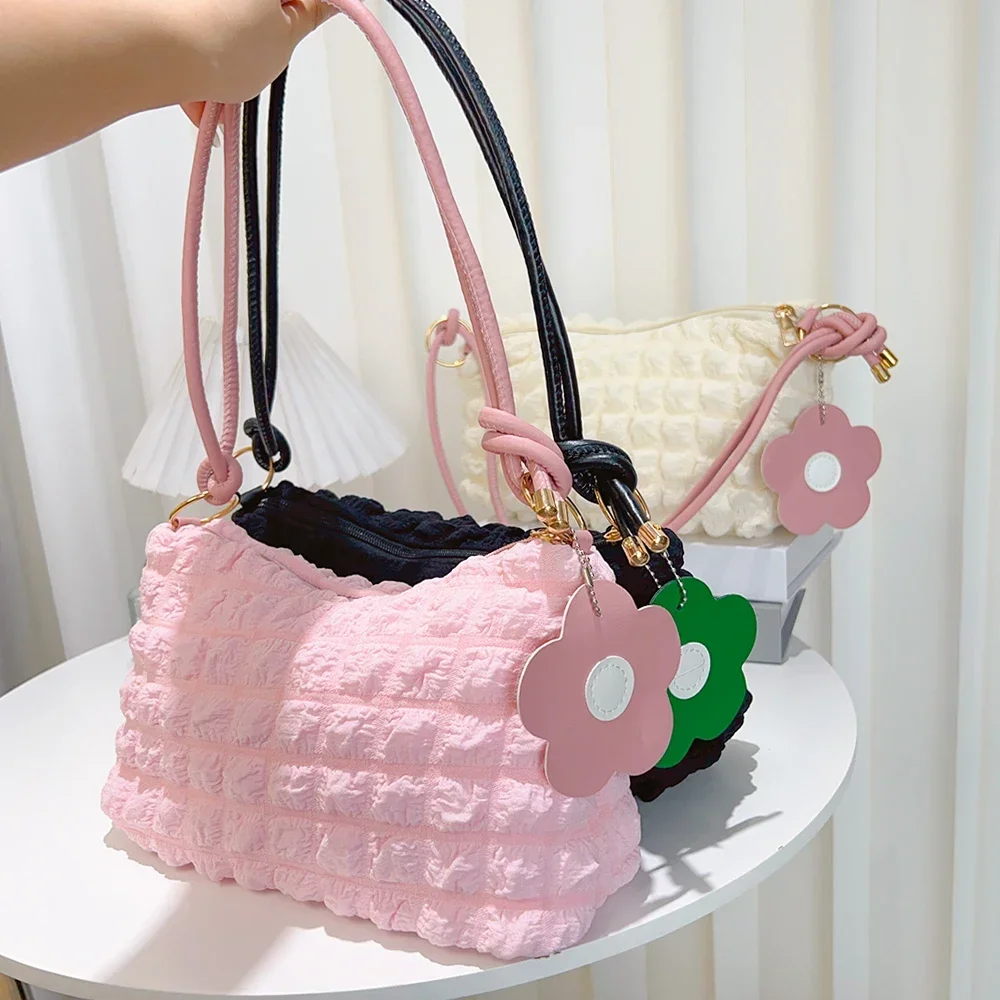 Korean Soft Cloud Bubbles Handbags for Woman Girls Flower Pleated Cloud Underarm Bag Pouch Bag Casual Shoulder Bag Cute Purse