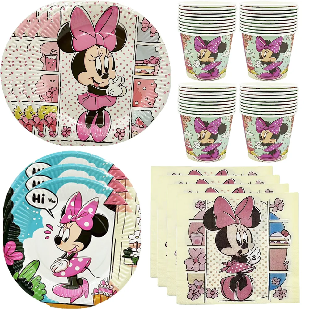 Decoraciones de cumpleaños de Minnie Mouse para niños, vaso de papel, plato, mantel, suministros de fiesta de Baby Shower, juego de regalo de juguete