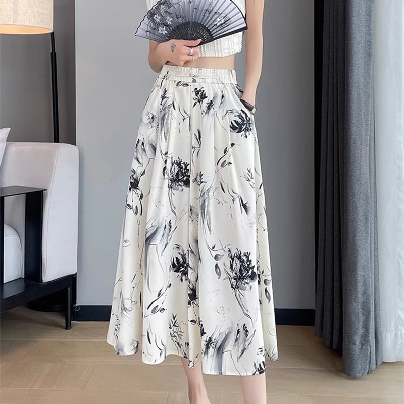 2025 Summer Ice Silk Beach Wide Leg Pants Women Bottoms Boho Printed Loose Calf-Length Pants
