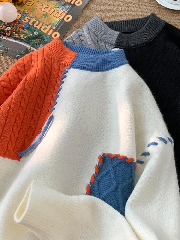 

American Retro Color Blo Men's Sweater Loose round Ne Knitwear Casual Sle Autumn Winter Comfortable Soft Pure Color Top