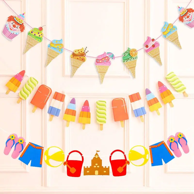 Hawaiian Hanging Ornaments for Summer Parties Decor Set - Tropical Ice Cream & Popsicle Paper Streamers for Window Display