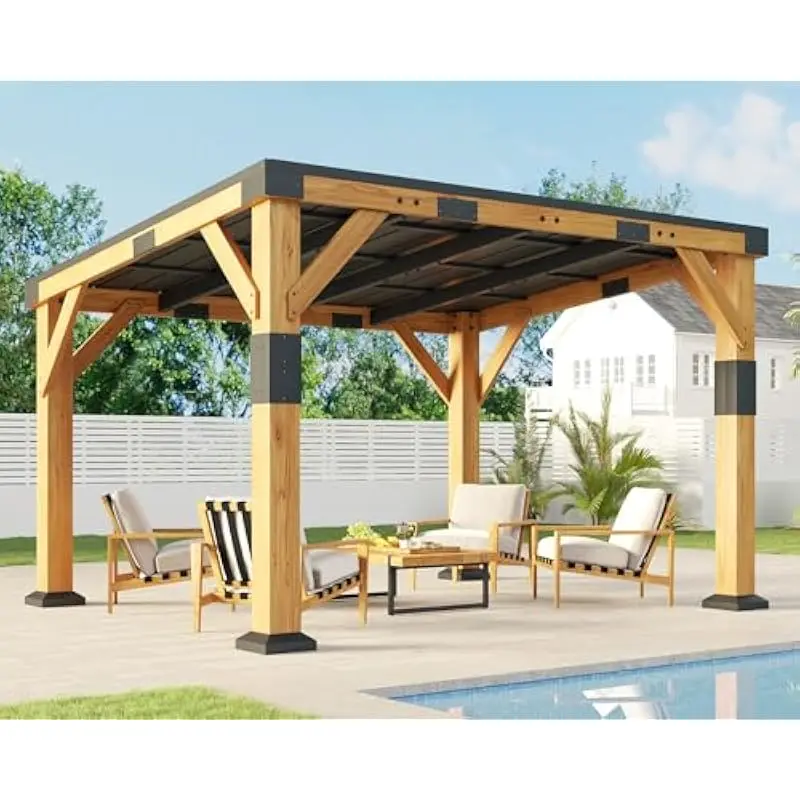 10 ft by 12 ft modern square cedar gazebo with waterproof galvanized steel sloped roof light brown finish ultraviolet resistant