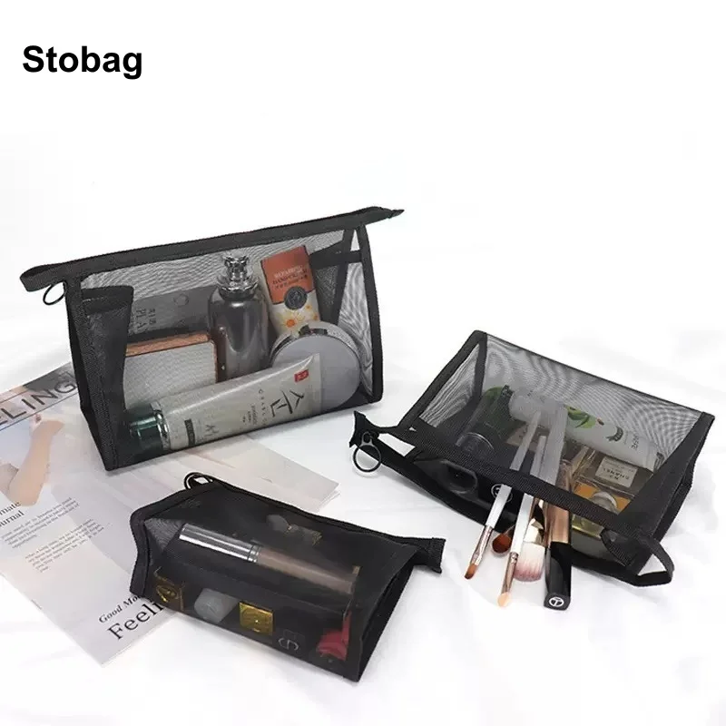 

StoBag 5/10pcs Black Transparent Makeup Mesh Bag with Zipper Cosmetic Packaging Storage Travel Handbag Portable Pouch Organizer