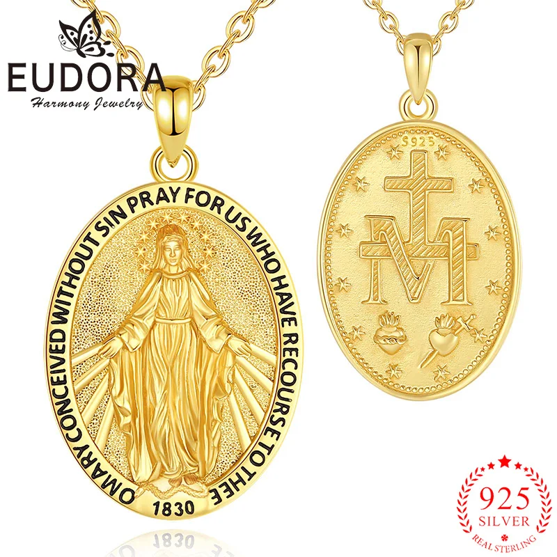 

Eudora 925 Sterling Silver Virgin Mary Necklace 18K Gold Cross Sacred Heart Pendant Christian Jewelry Women Men Exquisite Gift