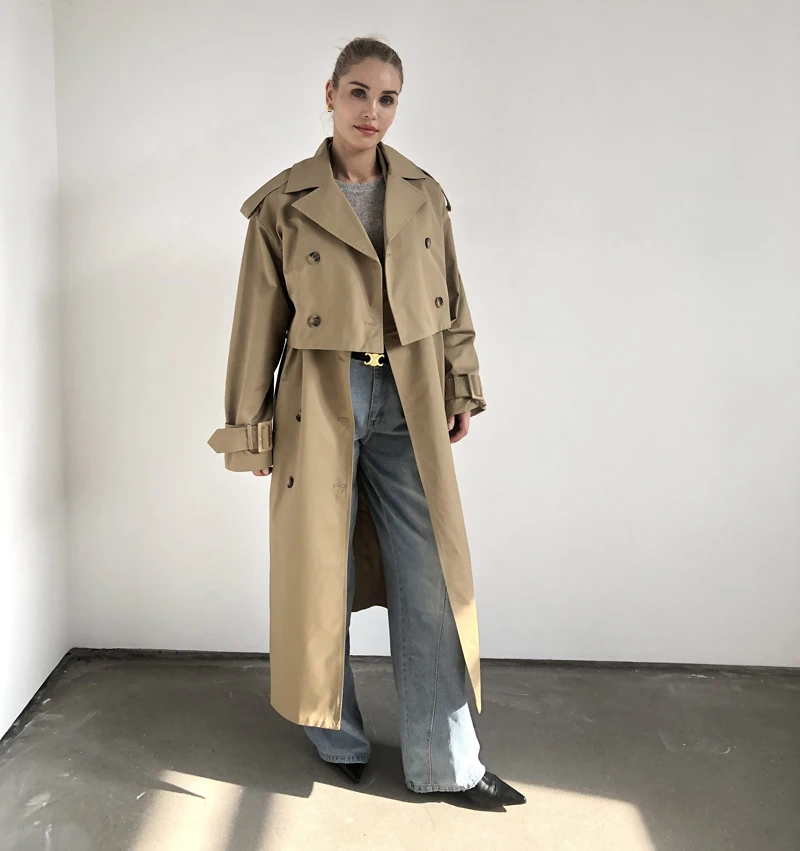 2024 Women Fashion Fall / Autumn 2 piece long trench coat Female outerwear blue Khaki