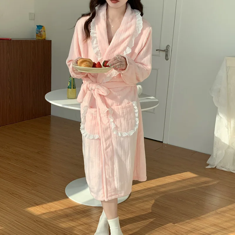 Pink Thick Bathrobe Female Warm Flannel Sleepwearruffle Trim Home Clothes with Belt Winter New Kimono Coral Velvet Nightwear