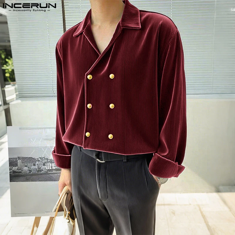 

INCERUN Мужская рубашка велюровая однотонная двубортная с лацканами повседневные мужские топы уличная одежда свободные 2025 элегантная модная мужская одежда