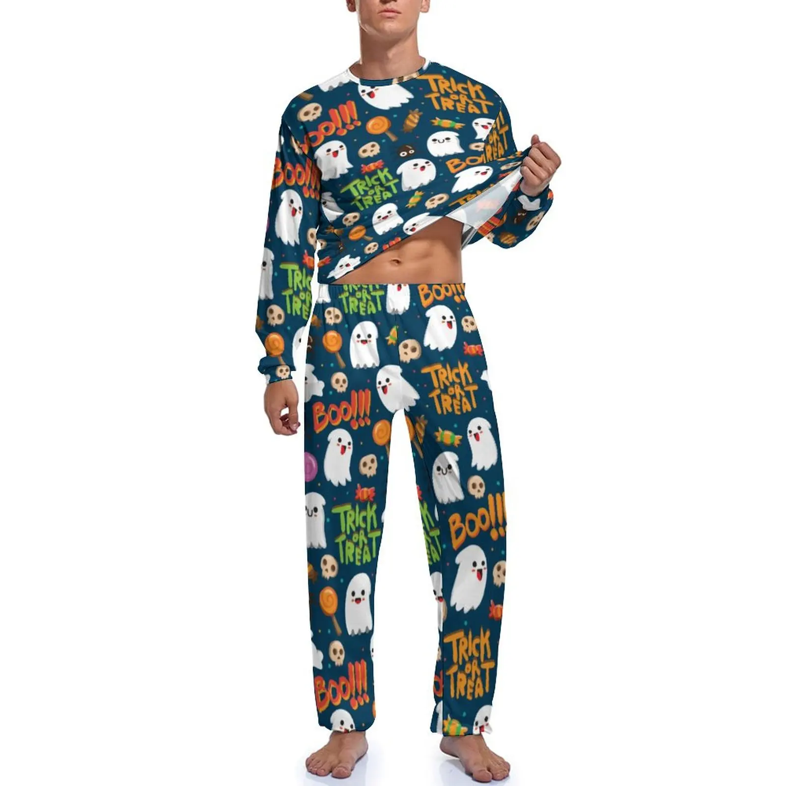 Cute Halloween Pajamas Long Sleeve Funny Ghosts Print 2 Piece Bedroom Pajama Sets Spring Mens Design Elegant Home Suit