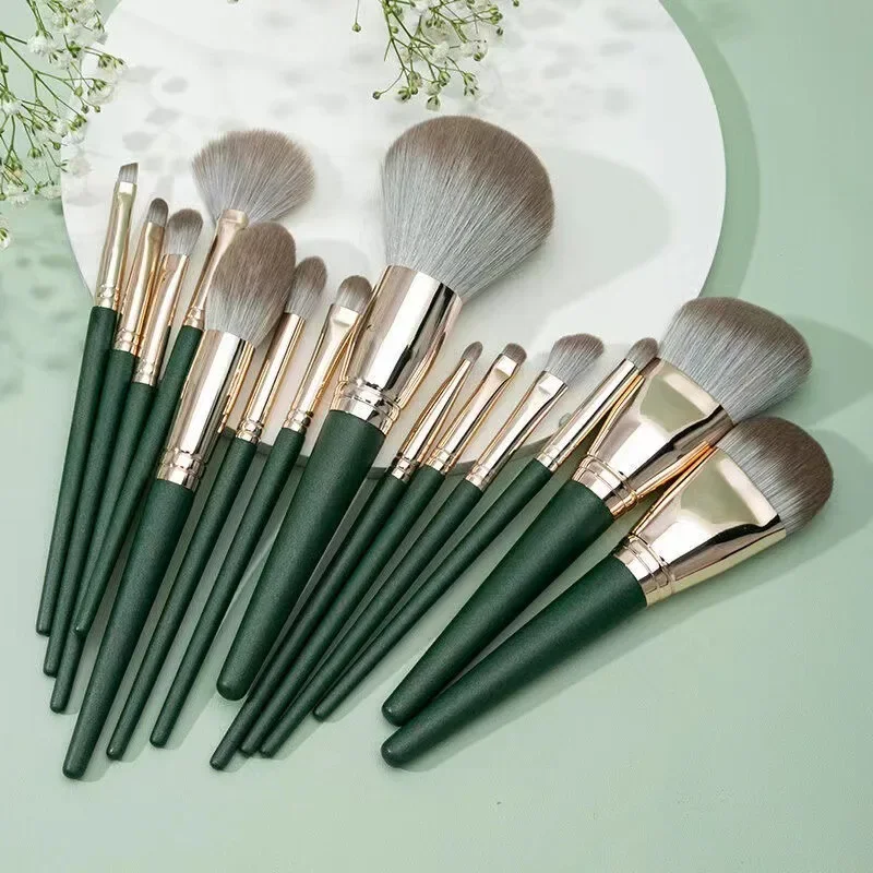 14 brocha de maquillaje de nube verde, brocha súper suave para polvos, brocha para base en polvo, brocha para colorete, herramientas de belleza multifuncionales