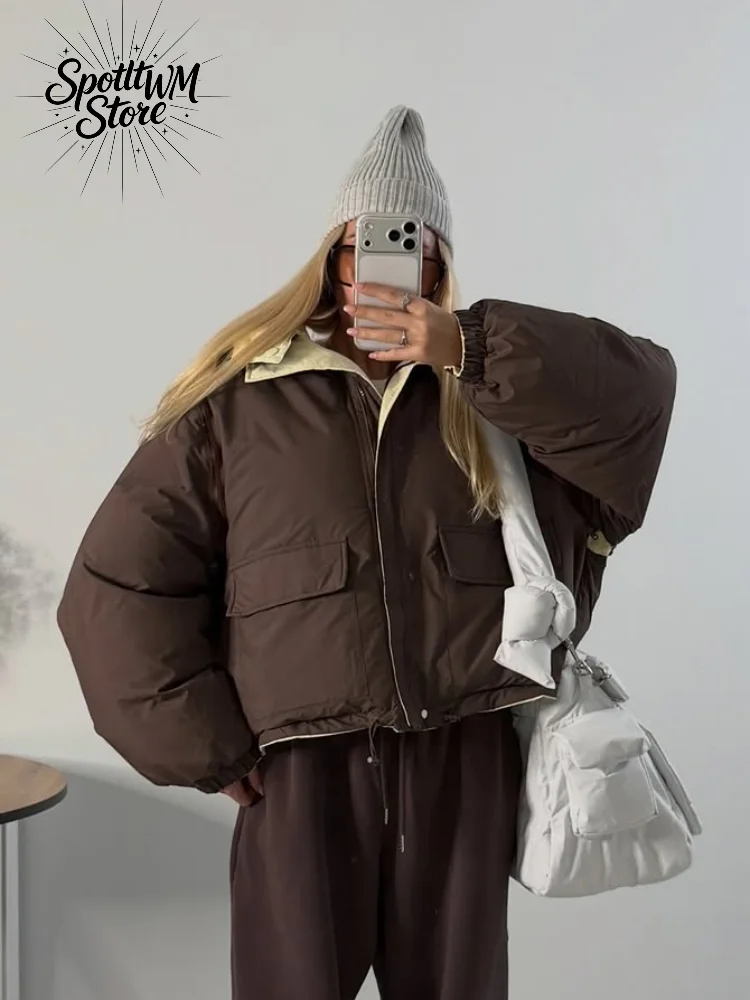 Women Color Block Hooded Puffer Jacket Fashion Loose Zip Up Short Warm Coat 2026 Autumn Winter Daily Casual Street Outerwear