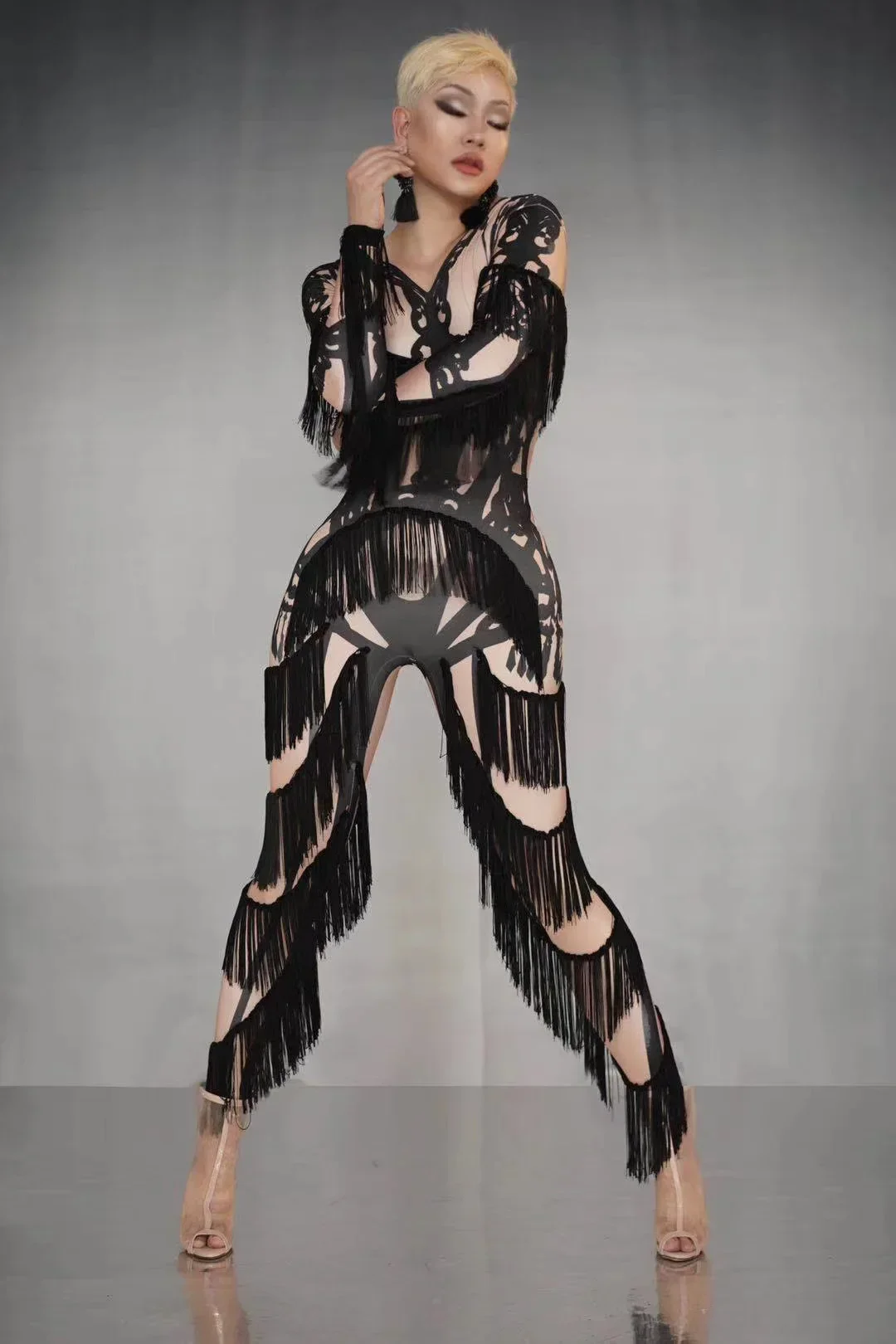 

Women Black Fringe Print Jumpsuits Sknny Elastic Bodysuit Nightclub Singer Dancer Performance Stage Wear Evening Prom Outfit