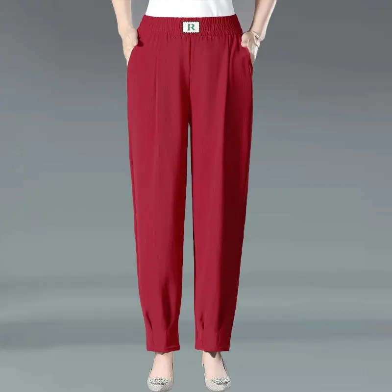 Pantalones bombachos sencillos y holgados para mujer, ropa informal de cintura elástica que combina con todo, color sólido, Estilo Vintage, tendencia de moda, novedad de verano