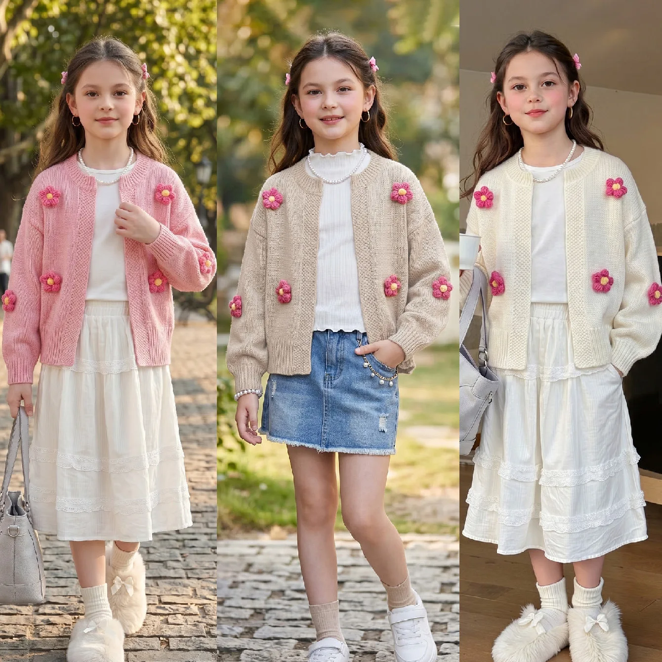Girls Sweet Wind Flower Sweater Cardigan Versatile Knitted Sweater Jacket Children's Clothing
