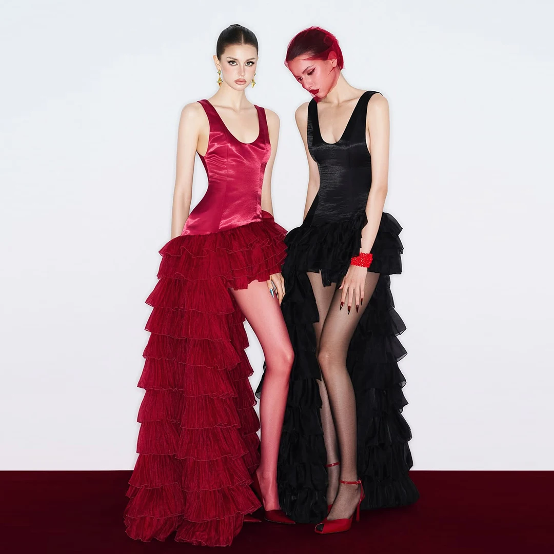 Sexy barco pescoço cintas de espaguete noite clube vestidos de festa assimétrico em camadas babados tule vestido de baile dançarino usar feito sob encomenda