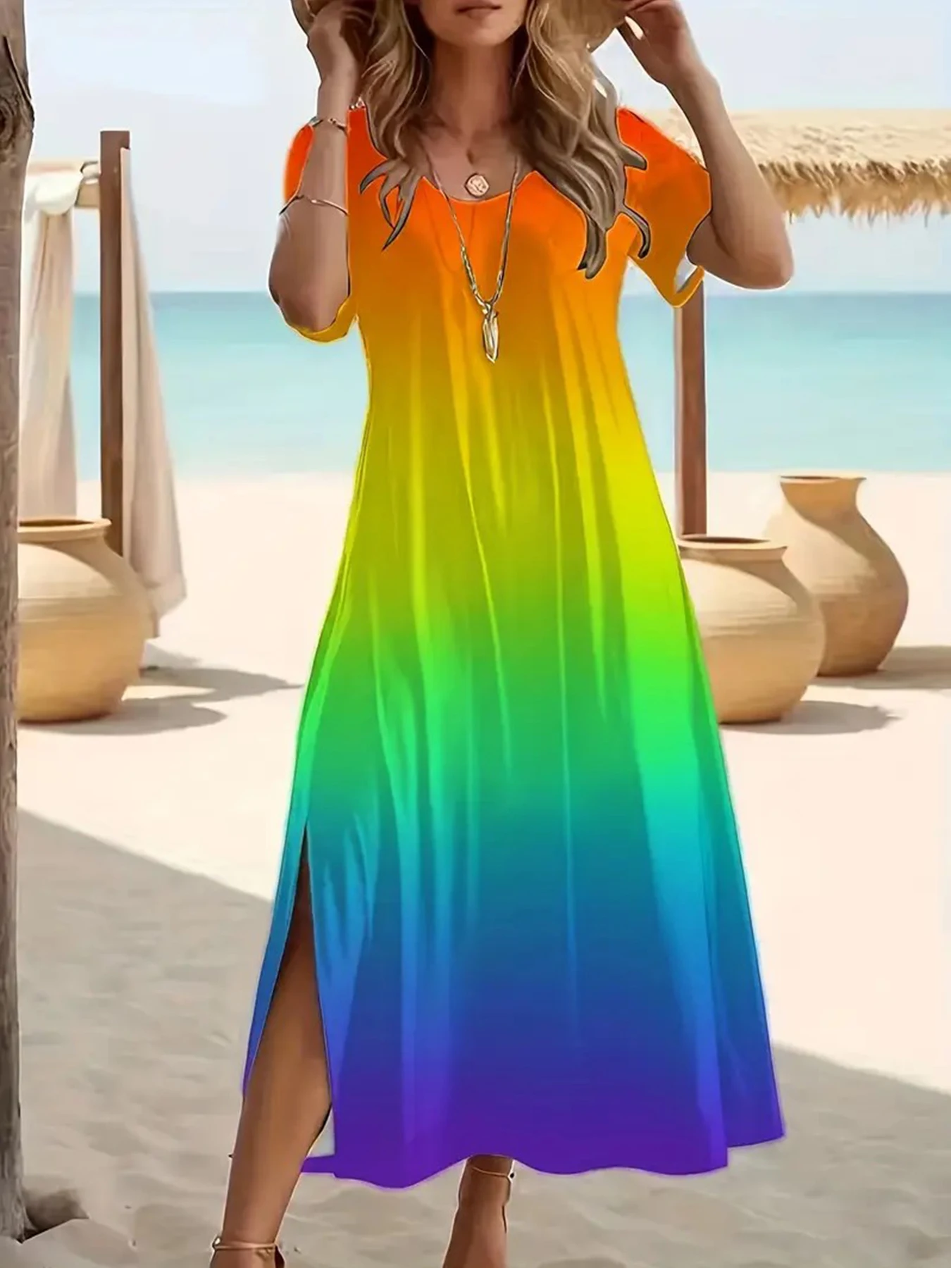 

Women's Maxi Dress Printed Casual Split Side T Shirt Dress V Neck Tee Sundress A Line Hawaiian Summer Beachwear