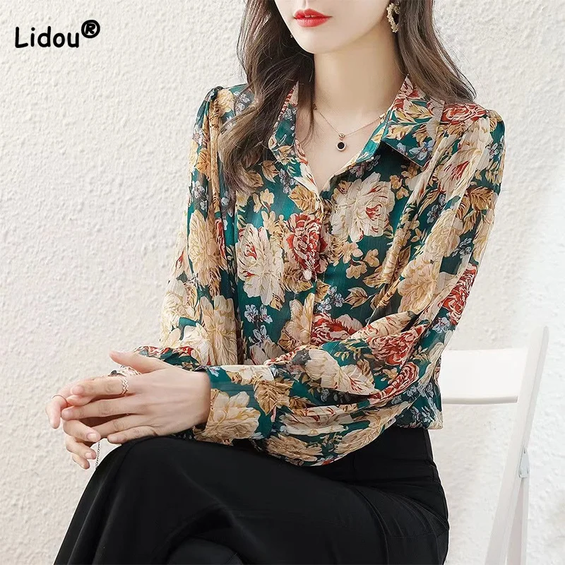 

Lantern Long Sleeved Lapel Chiffon Shirt for Women 2023 Spring Autumn New Vintage Floral Print Button Loose Open Stitch Blouse