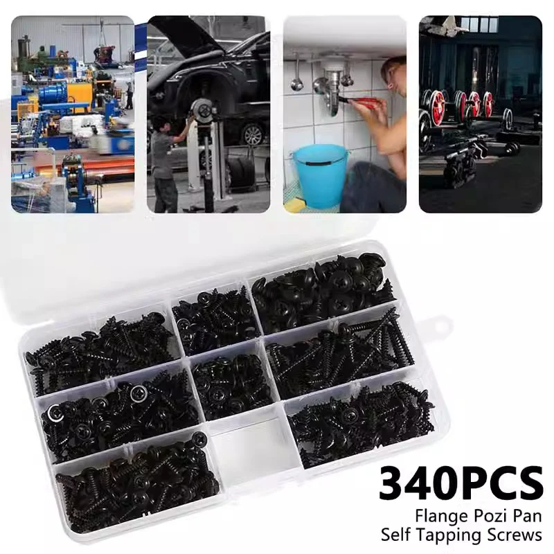 340pcs/Box M3 M3.5 M4 M5 black Flat Head Cross Carbon Steel Self-Tapping Screw