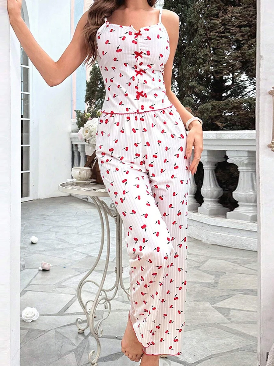 

Women Sexy Sheer Mesh Loungewear Pajama Sets Cherry Heart Print Cami Tops with Elastic Waist Pants 2 Pieces Set Summer Sleepwear