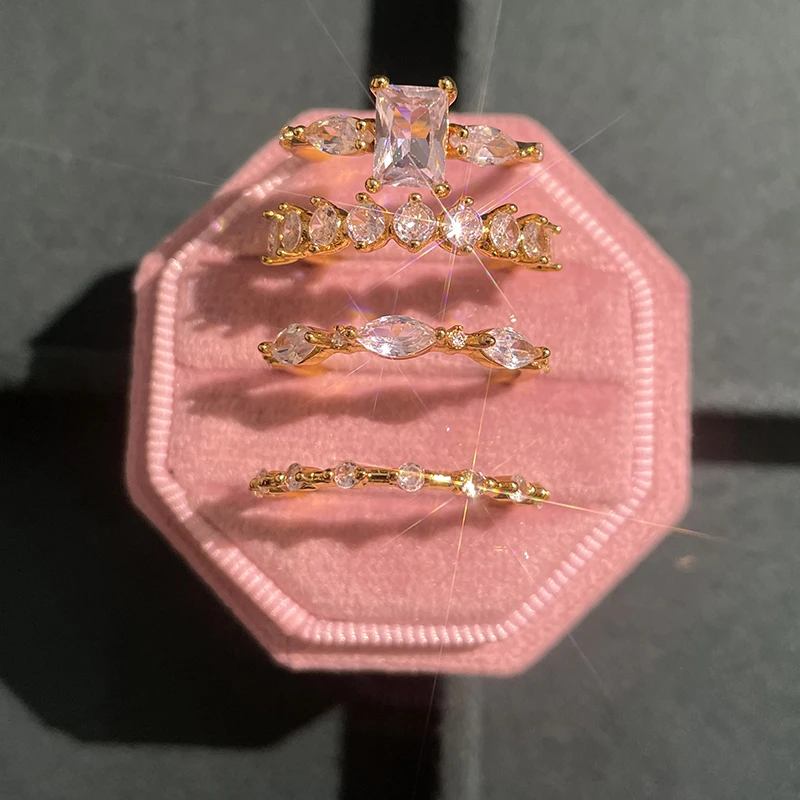 4pcs/setArt Deco Bridal Set Ring Cushion Cut Halo Engagement Ring Mixed Eternity Band Ring Layering Ring