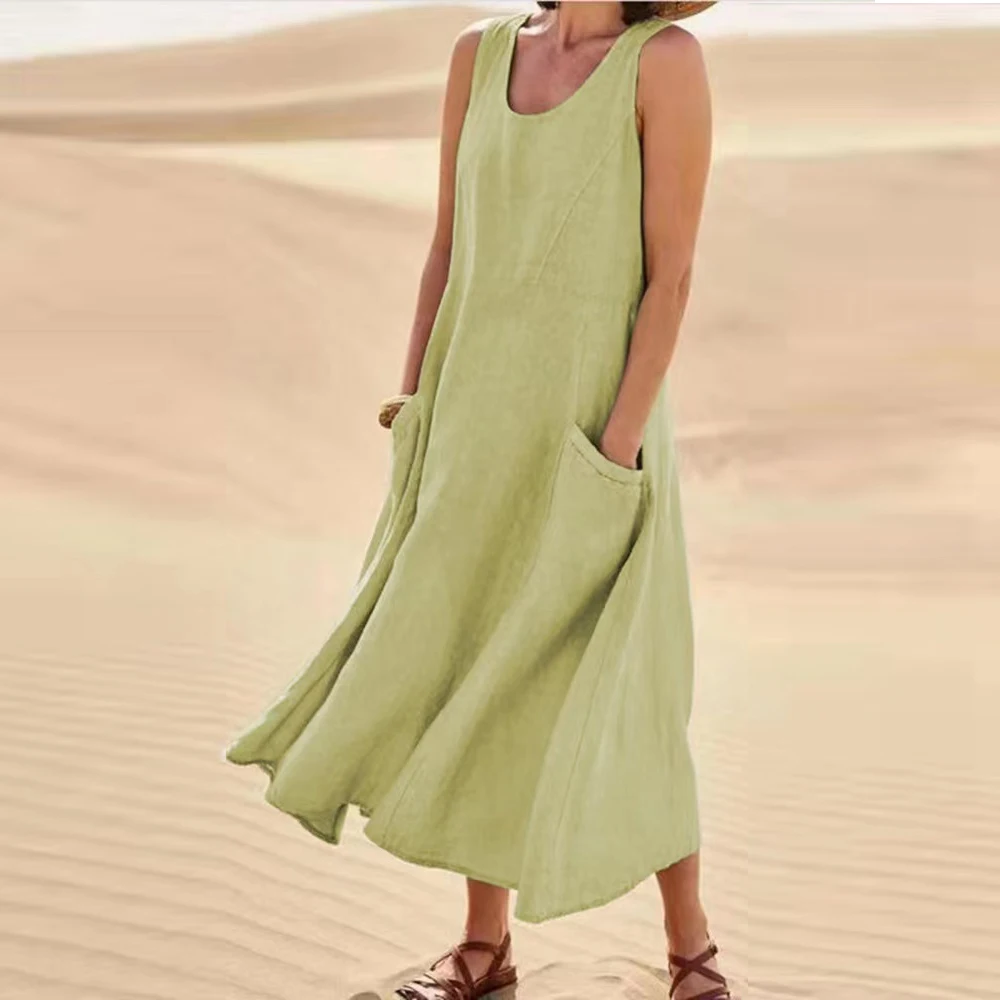 Abito senza maniche in lino di cotone per donna Gonna pullover estiva Abiti Moda femminile Abbigliamento Abito lungo ampio a maniche corte