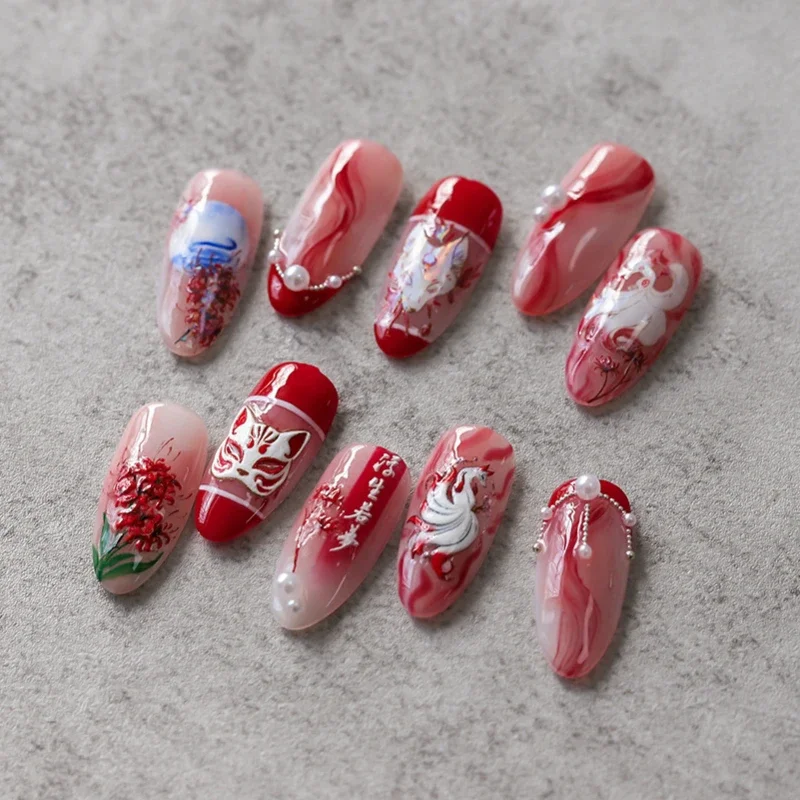 Chinesische sexy neunschwänzige Fuchs maske rote Tagund nacht gleiche Blumen Tragödie lieben weiche Reliefs selbst klebende Nail Art Aufkleber Maniküre Aufkleber