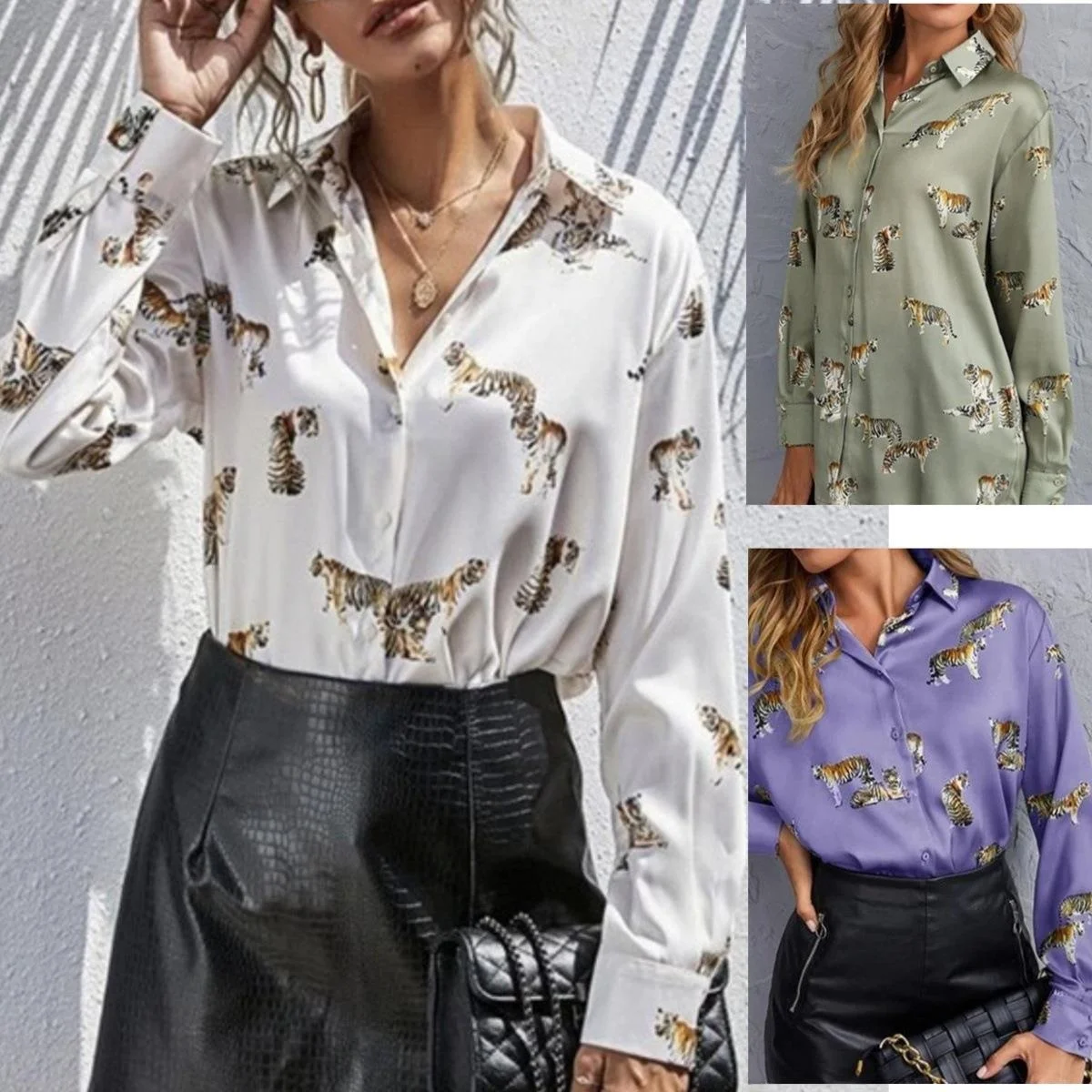 

Elegant Long Sleeve Women's Shirt Uniform Color Size Single Tiger Print Lapel Classic Style Fashionable Ladies' Premium Shirt