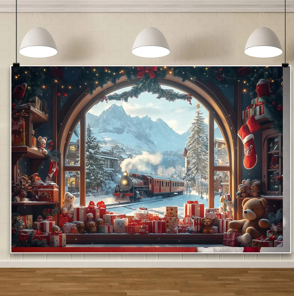 Christmas Train Backgrounds For Photographs Snowy Mountain Bookcase Arch Gift Piles Lights Festive Kids Family Portrait Backdrop