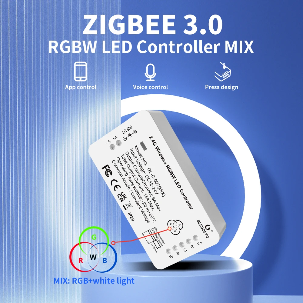 GLEDOPTO ZigBee LED Strip Controller RGBW Color White Light Mix RGB+White Mixture Homey Tuya SmartThings App Alexa Voice Control