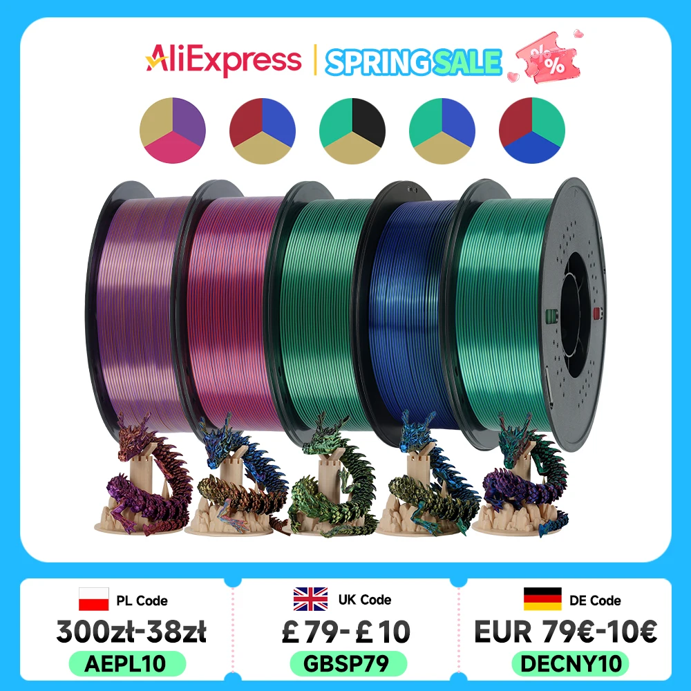 

KINGROON 5KG Silk Tricolor PLA Filament 1.75mm, Three-colour Coextrusion 3D Printing Material, New Color Change, 5Roll 1kg/Spool