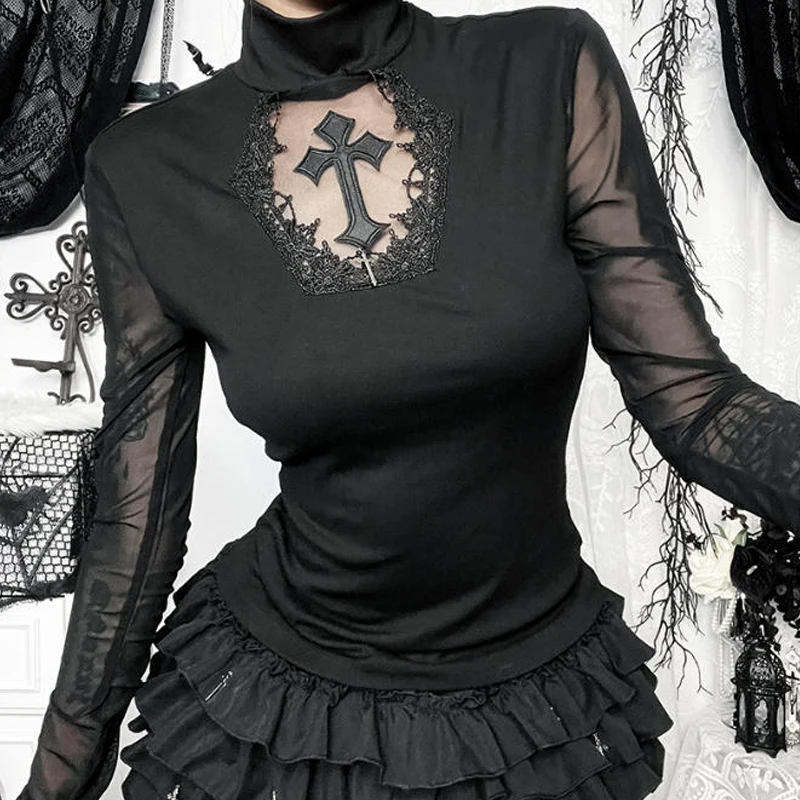 American Cross Hollow Women T-Shirt Street Sexy Slim Autumn Black Long Sleeve Top Gothic Fashion Bottoming Shirt Women's Clothes