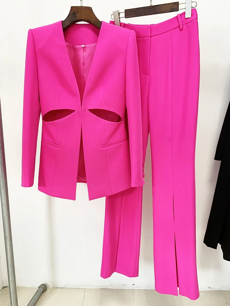 HIGH STREET Newest 2024 Runway Fashion Designer Suit Set Women\'s Hollow Out Collarless Blazer Slit Pants Suit