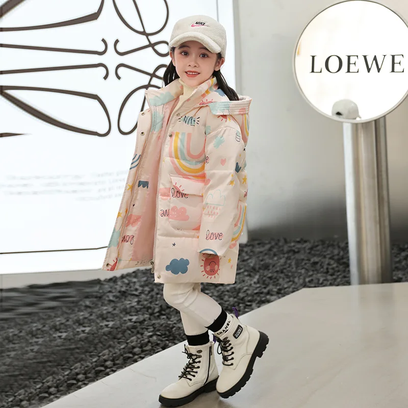 2024 Korean Winter Girl Down Jacket Graffiti Waterproof Wash-free Hooded Girl Outerwear Coat 3-10 Years Kids Girls Parka Outfit