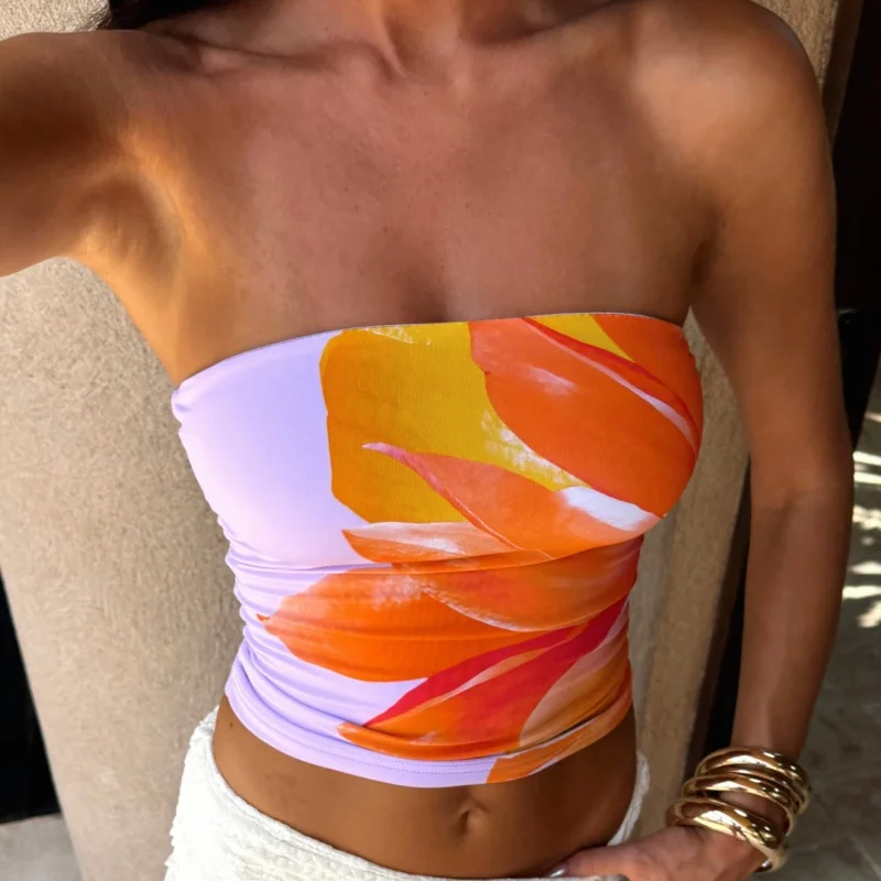 Top de tubo floral para mujer, sexy, sin mangas, sin espalda, sin tirantes, bandeau, adolescente Y2k, lindo gráfico, camisas cortas para salir
