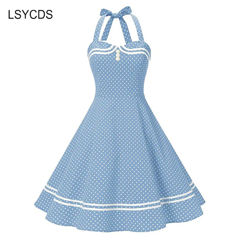 LSYCDS Polka Dots  Vintage Dresses for Women 50s 60s Halter Neck Sleeveless Dress Woman Midi Vestidos A-line Sundress Dress New