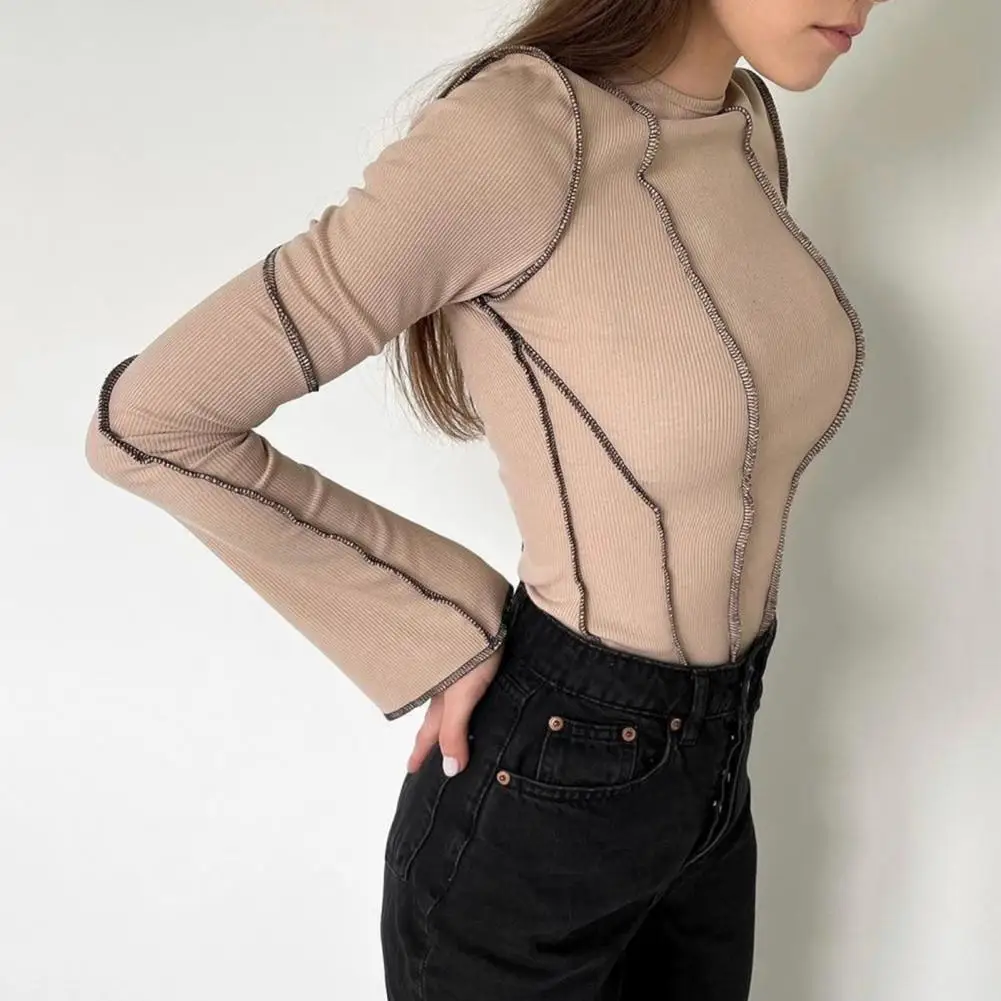 Women T-shirt Stylish Women's Round Neck Flared Sleeve T-shirt with Ribbed Detailing Slim Fit Pullover Top for Daily Wear Women