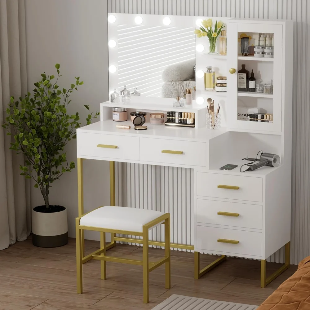 

Large Makeup Vanity and Stool, Vanity Desk with Mirror and Lights, Makeup Table with Charging Station