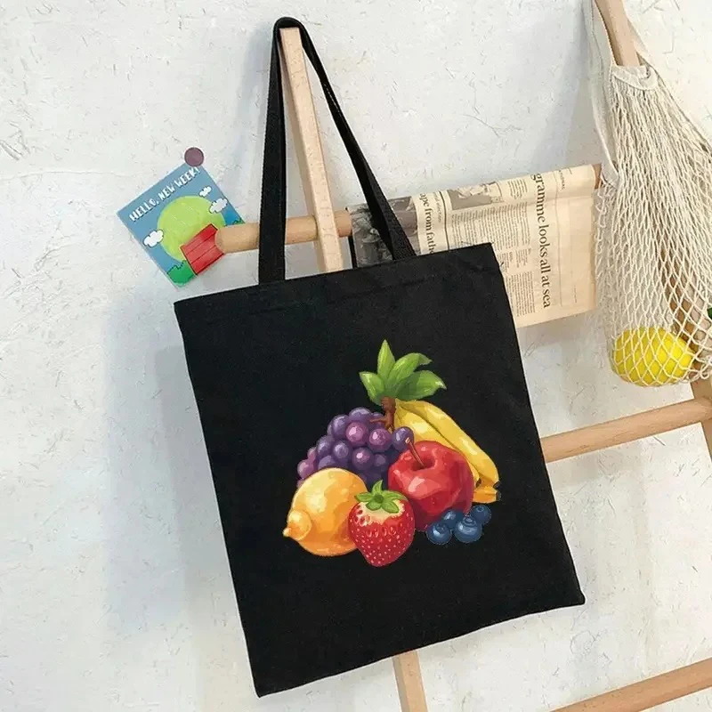 

Colorful Fruit Print Tote Bag Apple Banana Strawberry Illustration Canvas Bag Women's Casual Reusable Eco-Friendly Shopping Bag