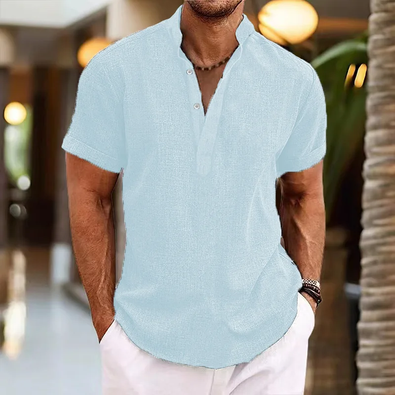 New men's tie-dye Henry collar casual beach short-sleeved fashionable solid-color shirt T-shirt, high-quality street style short