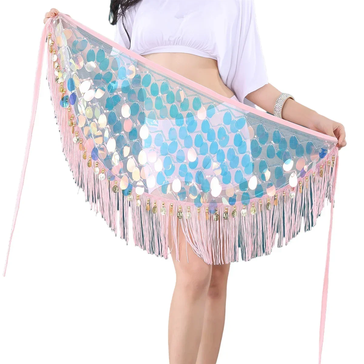 Belly Dance Hip Skirt Tassel Scarf Sequin Wrap Rave Costume for Women Bellydance Belt Dance Performance Skirt Shine Extra Long