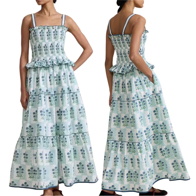 AOAO-ผู้หญิงฤดูร้อนBoho Tieชุดไหล่Y2kดอกไม้Smocked FlowyชุดยาวRuffleฉัตรBeach Vocation Sundress