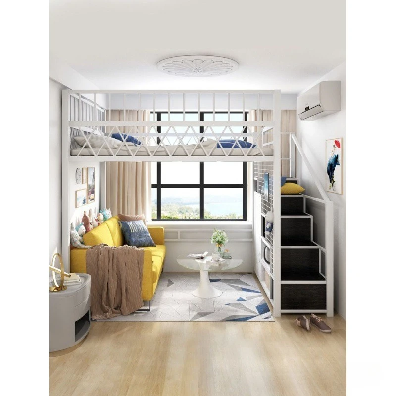 space-saving elevated bed apartment duplex single upper floor small apartment wrought iron high and low bed pavilion bed