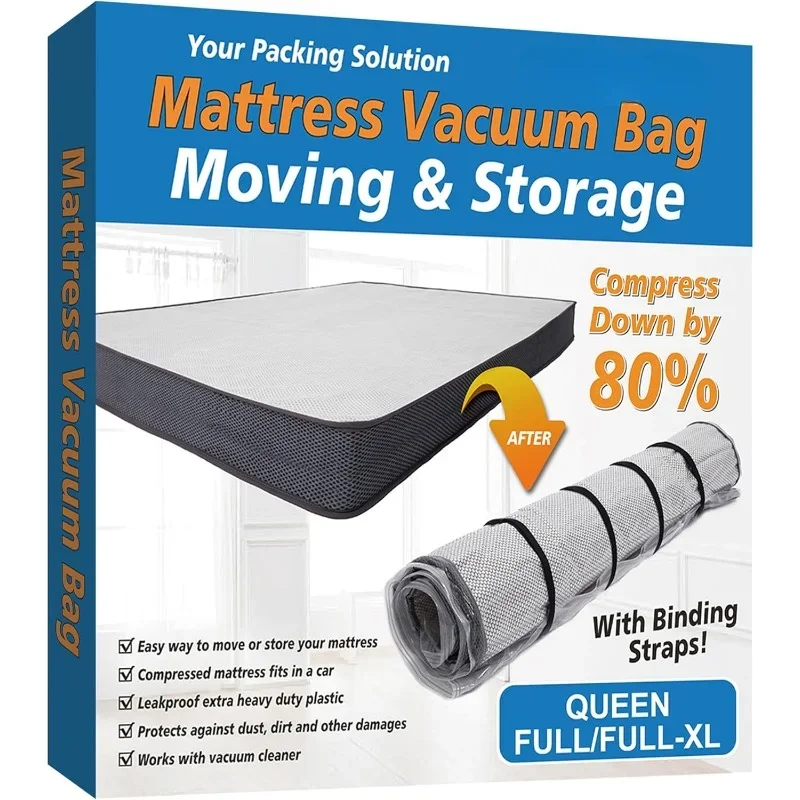 Queen/Full/Full-XL Foam Mattress Vacuum Bag for Moving, Vacuum Seal Mattress Bag with Straps