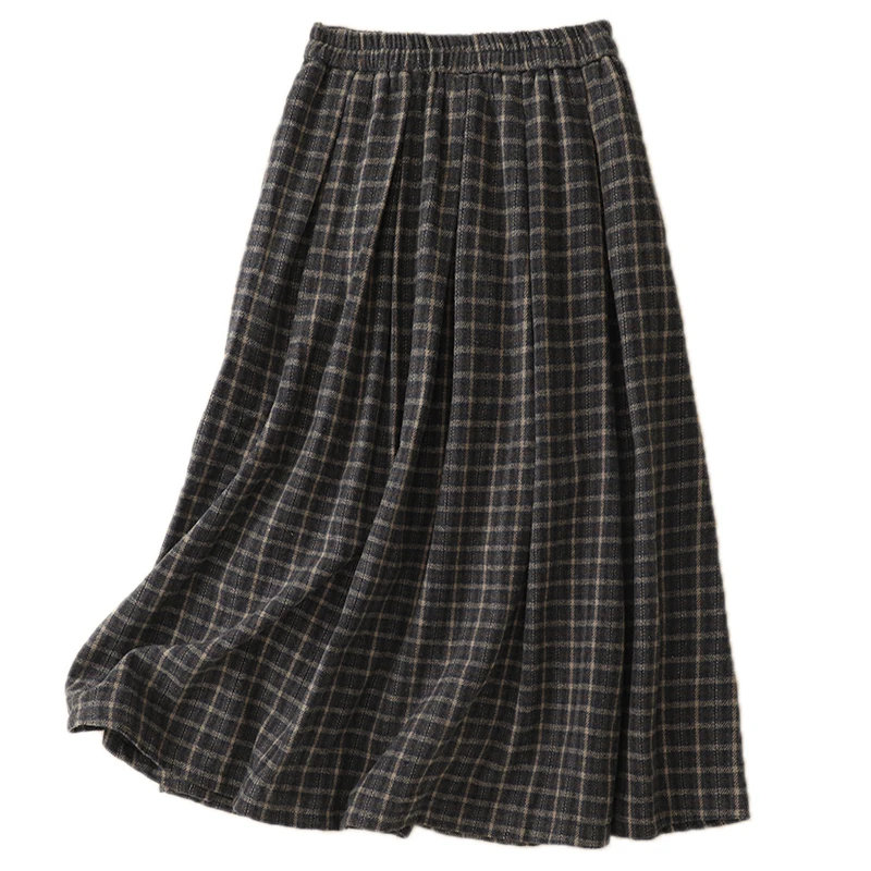 Spódnica w kratę Thiened, krój A, brązowa, z wysokim stanem, elastyczna talia, wełniana, długa spódnica, jesień-zima, uniwersalna, do pracy, ciepła.