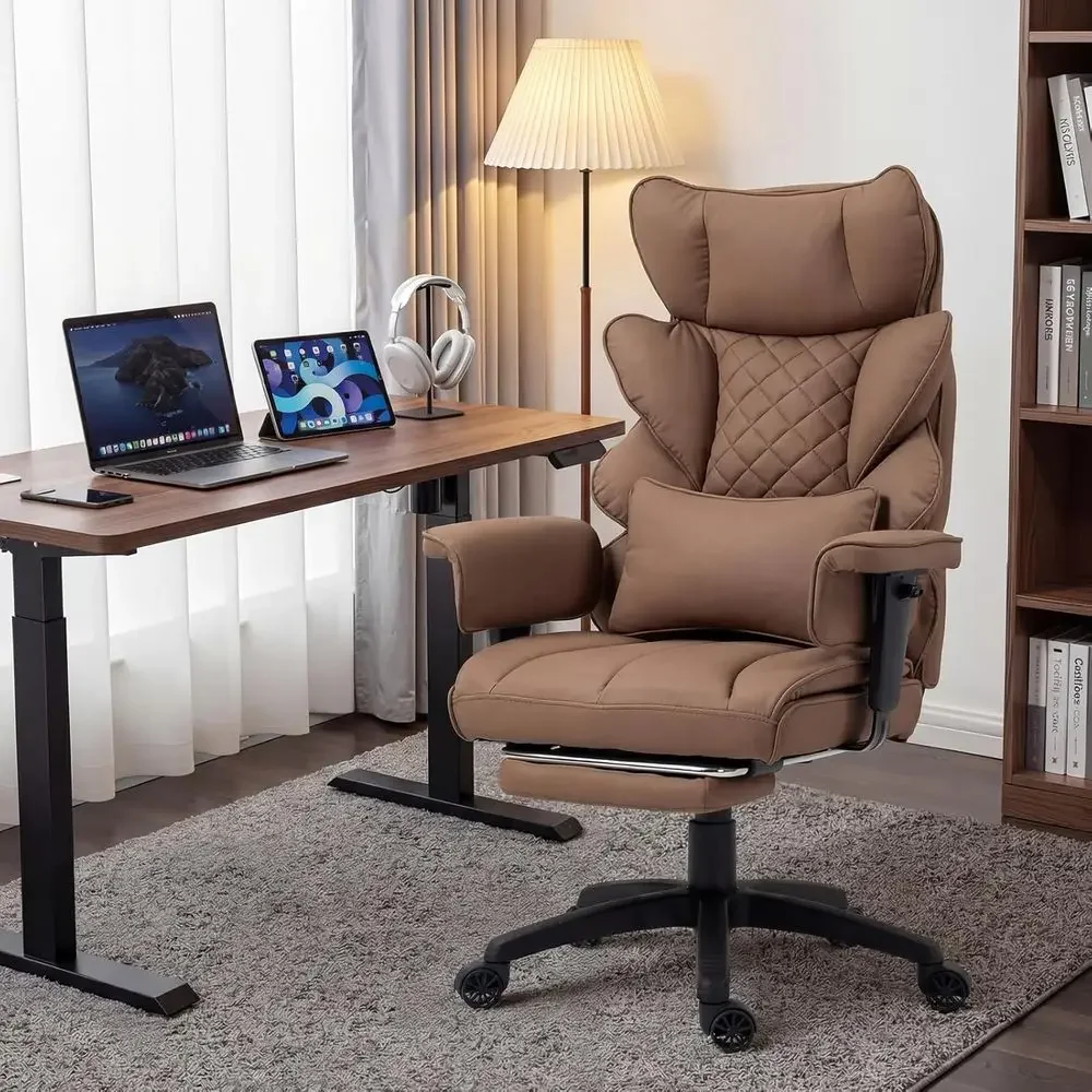 Luxury High-Back Gaming Chair with Lumbar Support, Adjustable Armrests, and Padded Seat in Brown PU Leather