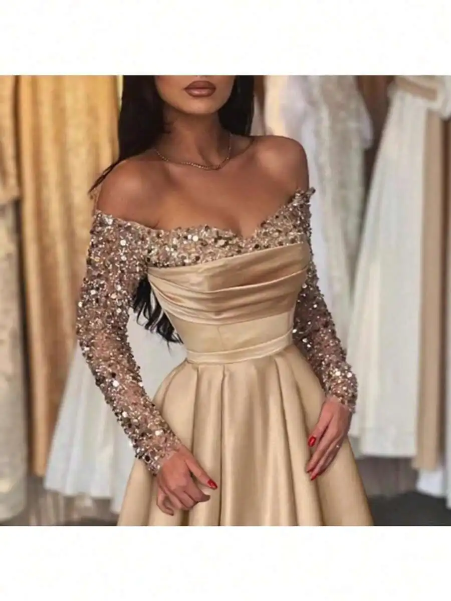 

Off Shoulder Long Sleeve Sequin Evening Dress For Prom Banquet