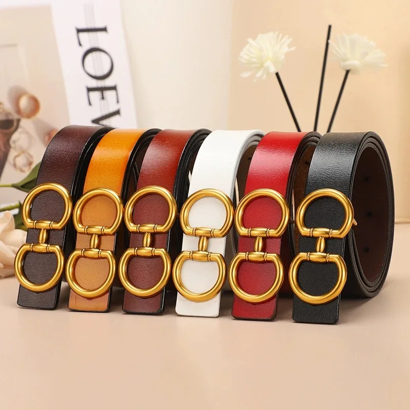 

New 2024 Women Reversible Genuine Leather Belts for Jeans Pants Fashion Ladies Belt Retro Gold Buckle Waistband