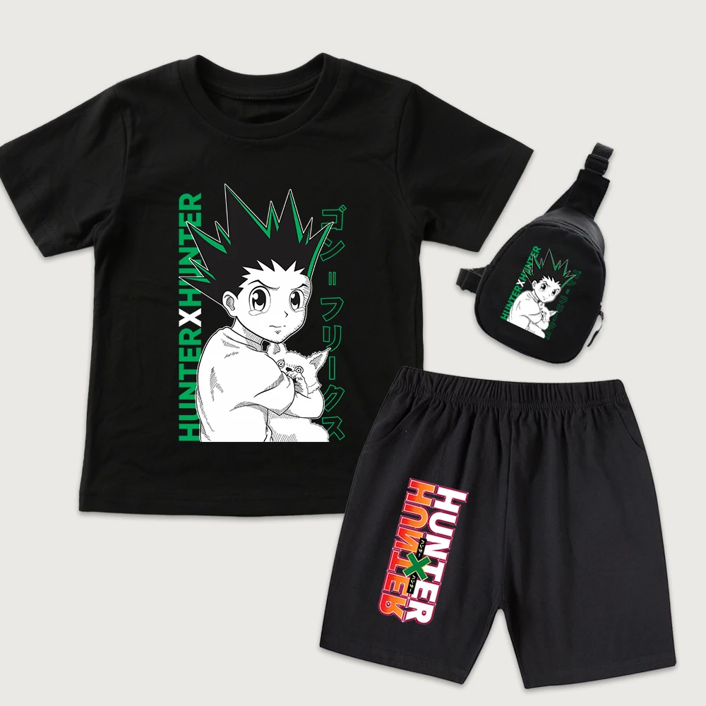 Hunter x Hunter Gon Anime Print Kids Clothing Set Cotton T Shorts Mini Chest Bag 3 Pieces for Boys Girls Summer Outfit