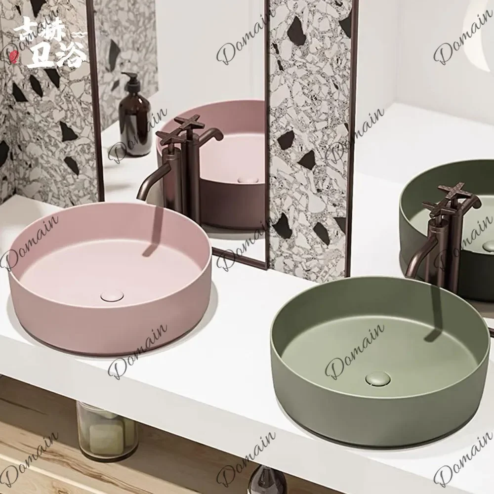 Th Olive Green & Pink Ceramic Washbasin Round Countertop Sink For Bathroom Balcony Creative Hand Washing Basin